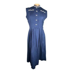 Vintage Nancy Wayne Navy Blue Sleeveless Midi Dress with White Accents –